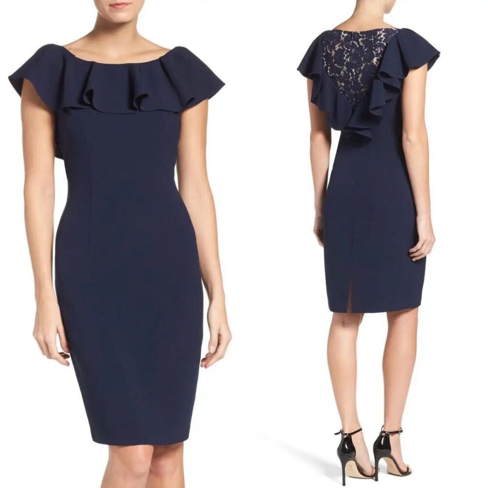 Eliza J Dark Navy Blue Ruffled Cocktail Dress Knee Length Lace Size 8